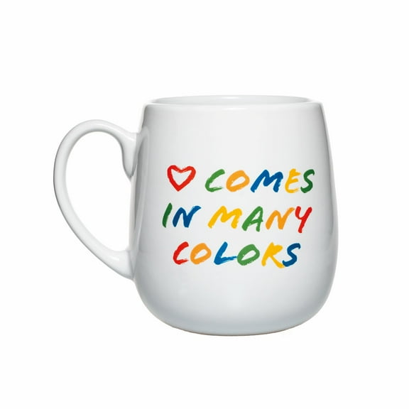 Amici Home 20oz White Ceramic Coffee Mug, Love Comes in Many Colors - Large Funny Mug with Vibrant Design - Unique Gift with Motivational Quote - Microwave & Dishwasher Safe