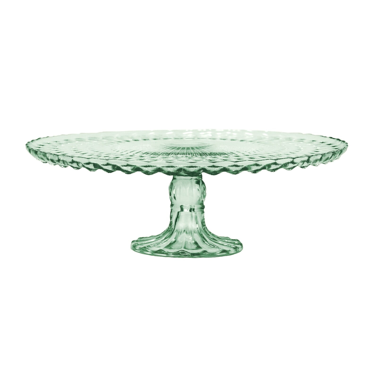 Green Glass Pedestal Cake Stand with Vintage Design