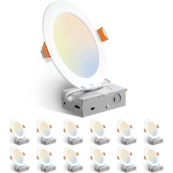 Amico 12 Pack 6 Inch 5CCT Ultra-Thin LED Recessed Ceiling Light with Junction Box, 1050LM Brightness, Dimmable Canless Wafer Downlight, 12W, ETL&FCC