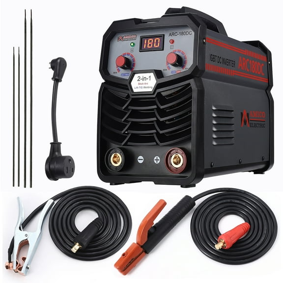 Amico ARC-180DC, 180 Amp Stick/Arc/Lift-TIG Combo Welder, 80% Duty Cycle 100-250V Wide Voltage, Use all electrodes: E6010 E6011 E6013 E7014 E7018 etc.