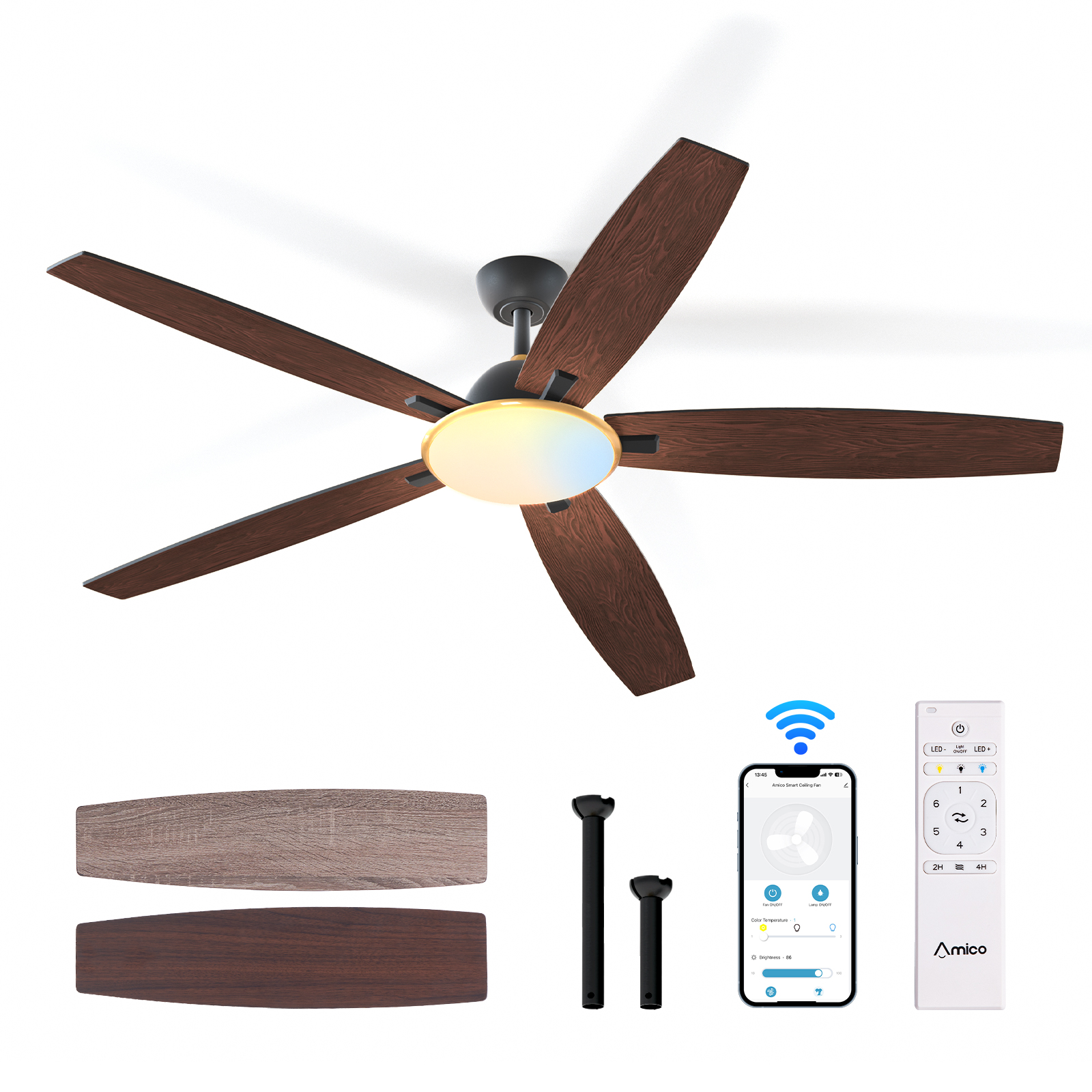 Amico Ceiling Fans with Lights, 52'' Smart Modern Ceiling Fan with