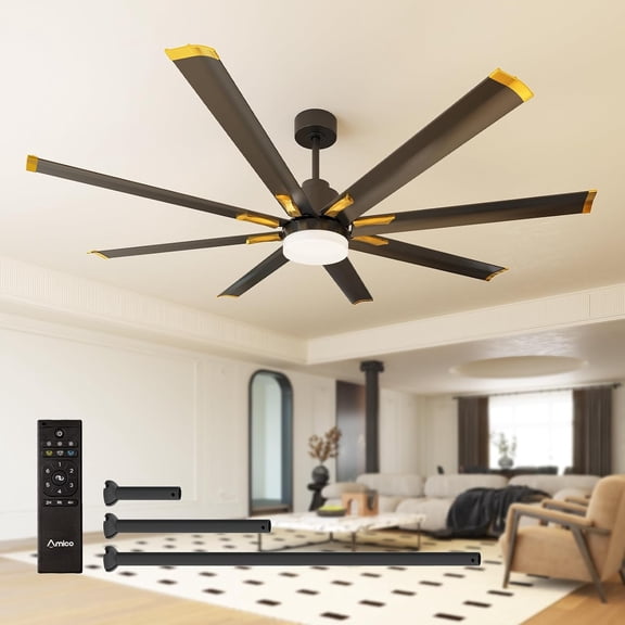Amico Ceiling Fans with Lights, 72 Inch Indoor/Outdoor Large Industrial Ceiling Fan with Remote CONTROL, Reversible, 8 Aluminum Blades, 3CCT, Dimmable, Damp Rated Black Ceiling Fan for Bedroom Patio
