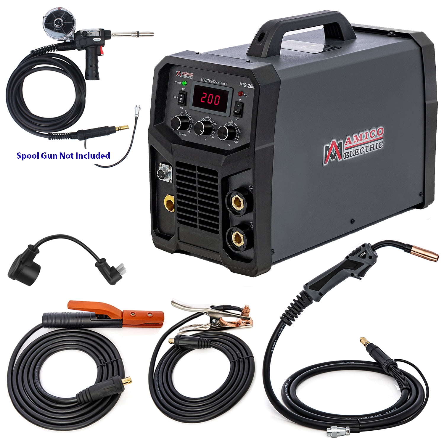 Amico MIG-200, 3-in-1 Combo 200-Amp MIG/Lift-TIG/Stick Arc DC Inverter Welder Welding, Compatible Spool Gun Welding Aluminum.