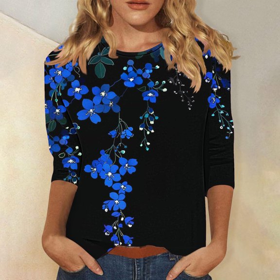 Amidoa 3/4 Sleeve Ladies Tops Floral Plus Size Crewneck Graphic Tees Womens Shirts XXXL
