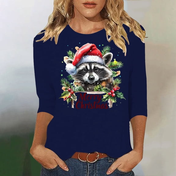 Amidoa 3/4 Sleeve Ladies Tops Funny Ugly Christmas Blue Blouses Boat Neck Graphic T-Shirt Womens Tshirt XXL