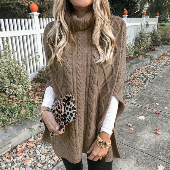 Amidoa 3/4 Sleeve Womens Sweaters Brown Turtleneck Plus Size Long Solid Cable Knit Sweaters Womens Cardigans XXL