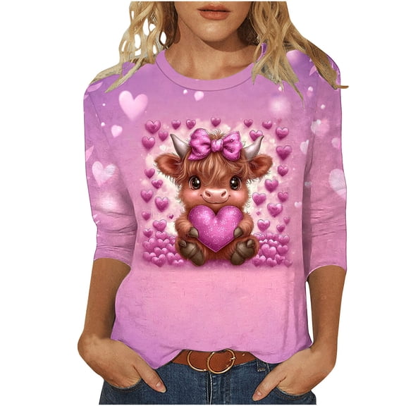 Amidoa 3/4 Sleeve Womens Tops Pink Funny Plus Size Valentines Blouses Graphic Spring Tees Shirts for Women XXXXXL