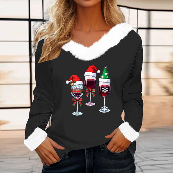Amidoa Black Ladies Tops Fleece V-Neck Christmas Long Sleeve Wine Glasses Prints Winter Blouses Women T Shirts S