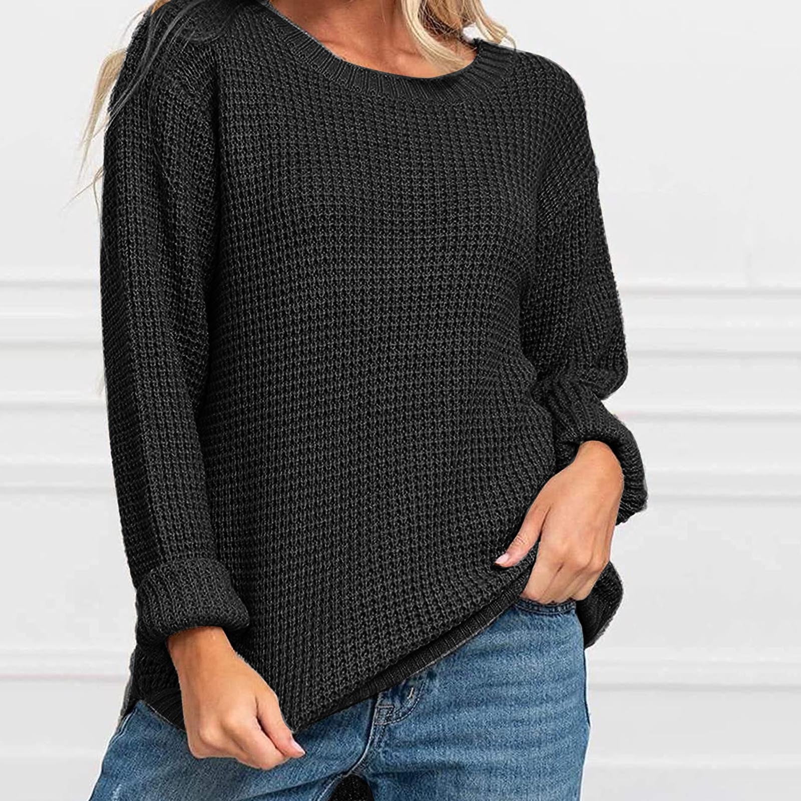 Amidoa Black Women Sweater Long Sleeve Plus Size Crochet Lightweight ...