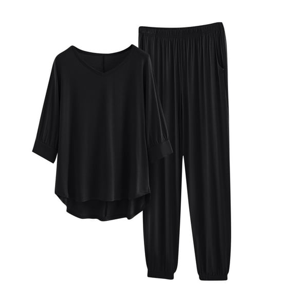 Amidoa Black Women's Pajamas 3/4 Sleeve V-Neck Modal Elastic Waist Taper Joggers Sweatsuit Track Suits for Women Set L