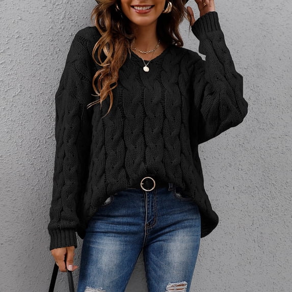 Amidoa Black Womens Sweaters Long Sleeve Cable Knit V-Neck Plus Size Chunky Solid Sweaters Women's Cardigans L