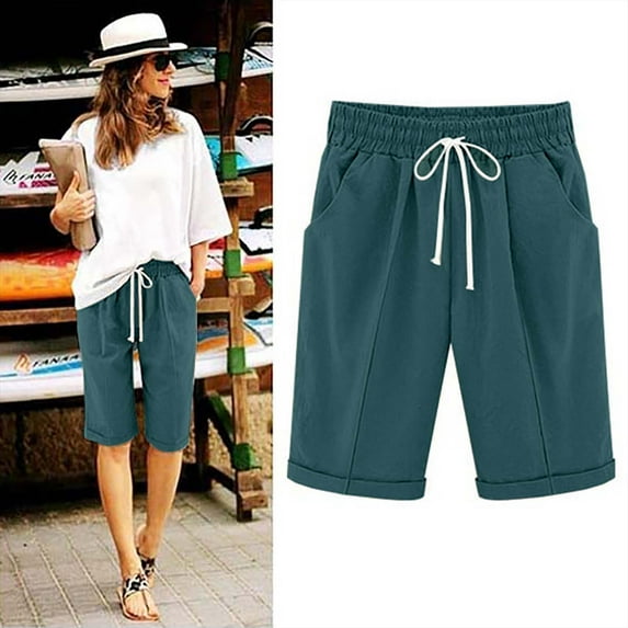 Amidoa Blue Ladies Shorts Casual High Waisted Solid Drawstring Shorts Ladies Pants L