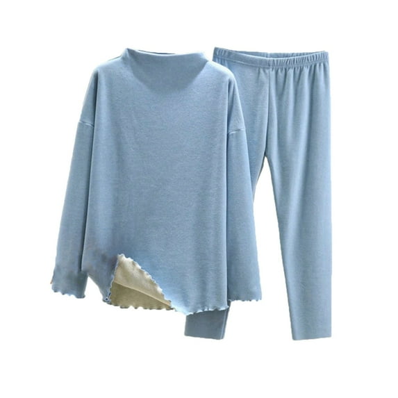 Amidoa Blue Pajamas for Women Ruffle Winter Slim-Leg Pants Thicken Turtleneck Solid Pajamas Women Sets Clothing Outfit L
