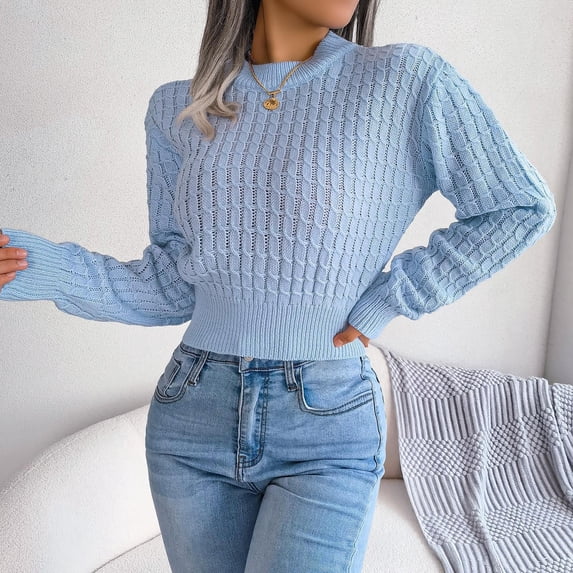 Amidoa Blue Sweaters for Women Knit Crop Long Sleeve Lightweight Solid Pullover Sweaters Women's Cardigans/Sweaters L