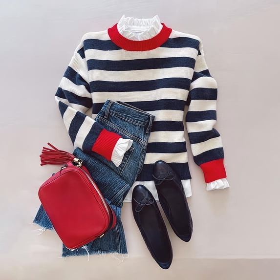 Amidoa Blue Trendy Sweaters for Women 2025 Cute Long Sleeve Striped Winter Cozy Warm Sweaters Women's Cardigans S
