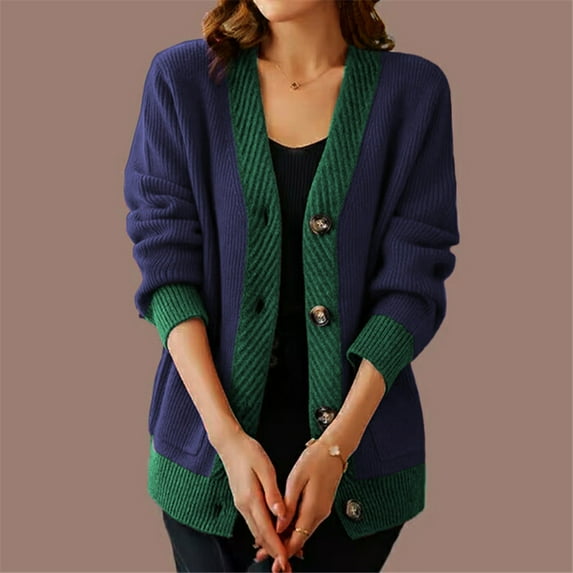 Amidoa Blue Womens Sweater Cardigan Button up Long Sleeve Colorblock Winter Knit Oversized Cardigans for Women Trendy S