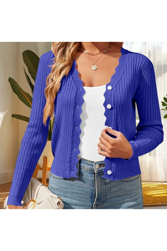 Blue Womens Sweater Cardigan Long Sleeve Button up Crop Knit Ruffle Solid Cardigans Womens Sweaters Cardigan M