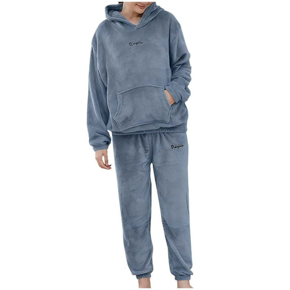 Amidoa Blue Womens Two Piece Sets Fleece Cuffed Pants Pocket Hoodie Solid Outfits Tracksuits for Women Set Free Size