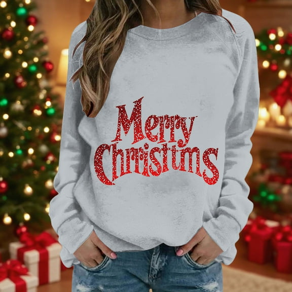Amidoa Boat Neck Ladies Sweatshirts Gray Casual Long Sleeve Christmas Sweatshirts Graphic Comfort Clothes Ladies Tops L