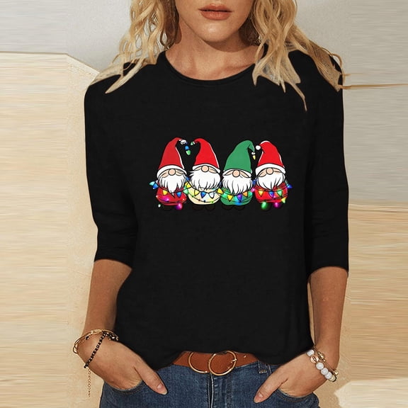 Amidoa Boat Neck Ladies Tops Black 3/4 Sleeve Basic Christmas Tee Santa Prints Fashion Blouses Womens Shirt S