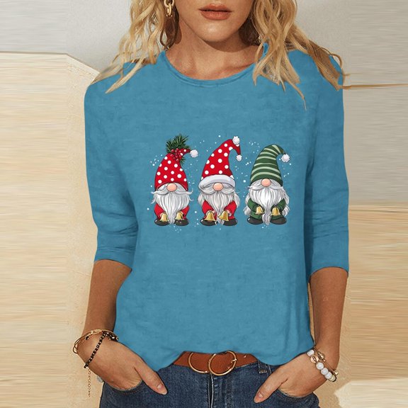 Amidoa Boat Neck Tops for Women Basic Sky Blue 3/4 Sleeve Christmas Tee Santa Prints Fashion Blouses Women Shirts L