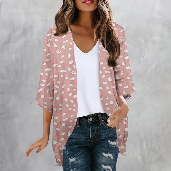 Amidoa Boho Womens Cardigans Kimono Pink 3/4 Sleeve Chiffon Floral Open Front Light Cardigans Womens Sweater XXL