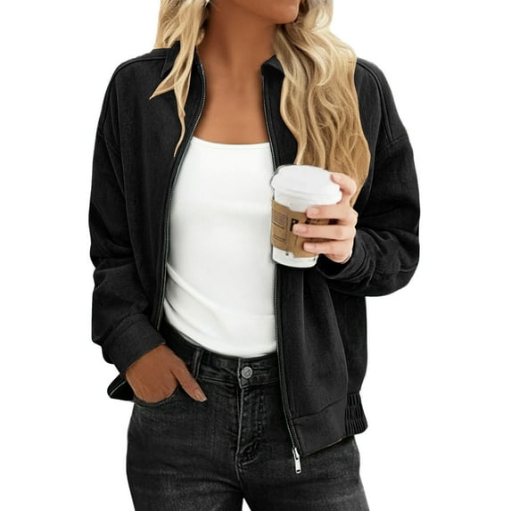 Amidoa Bomber Womens Coats Zip up Barn Black Jacket Elastic Hem Long Sleeve Lapel Collar Streetwear Jacket for Women L
