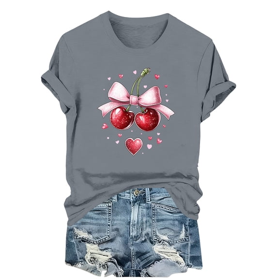 Amidoa Bow Ladies Tops Summer Short Sleeve Gray Valentines Day Tees Heart Print Basic Holiday Tshirts Women's T-Shirts S