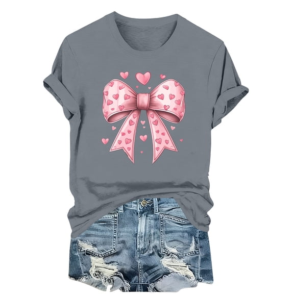 Amidoa Bow Ladies Tops Valentines Day Summer Short Sleeve Gray Tops Cute Heart Print Holiday Tshirts Women's T-Shirts XL