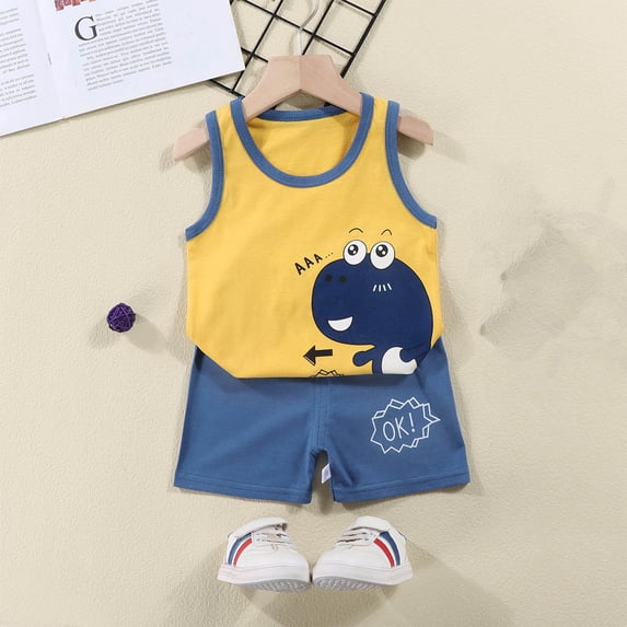 Amidoa Boys 2 Piece Outfits Summer Clothes Graphic Cotton Tank Top and Casual Short Kids Clothing Sets Yellow Size 9 Months