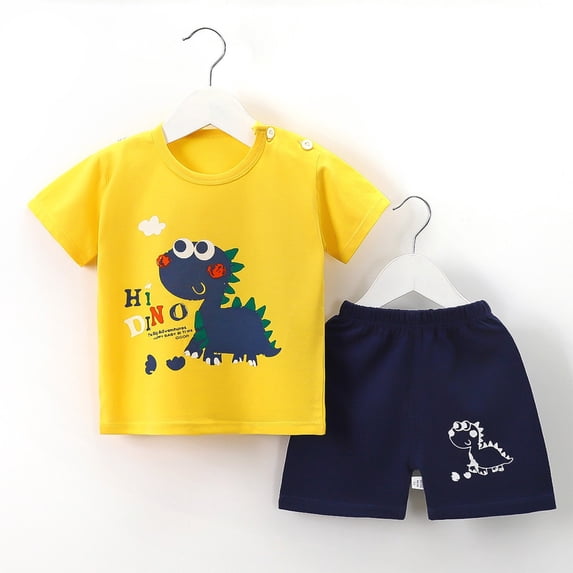 Amidoa Boys 2 Piece Outfits Summer Clothes Short Sleeve Soft Print T Shirts and Casual Shorts Kids Clothing Sets Yellow Size 73T