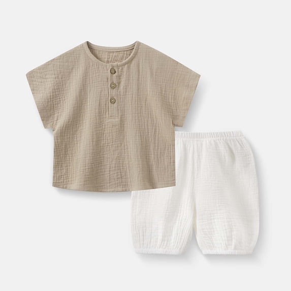 Amidoa Boys 2 Piece Outfits Summer Clothes Short Sleeve Solid Color Soft T Shirts and Casual Shorts Kids Clothing Sets Coffee Size 6-12 Months