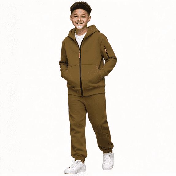 Amidoa Boys 2 Piece Tracksuit Athletic Sweatsuits Sets Fleece Zip-Up Hooded Sweatshirt and Jogger Sweatpants Kids Clothing Sets Brown Size 12 Years