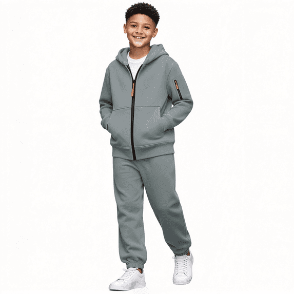 Amidoa Boys 2 Piece Tracksuit Athletic Sweatsuits Sets Fleece Zip-Up Hooded Sweatshirt and Jogger Sweatpants Kids Clothing Sets Gray Size 12 Years