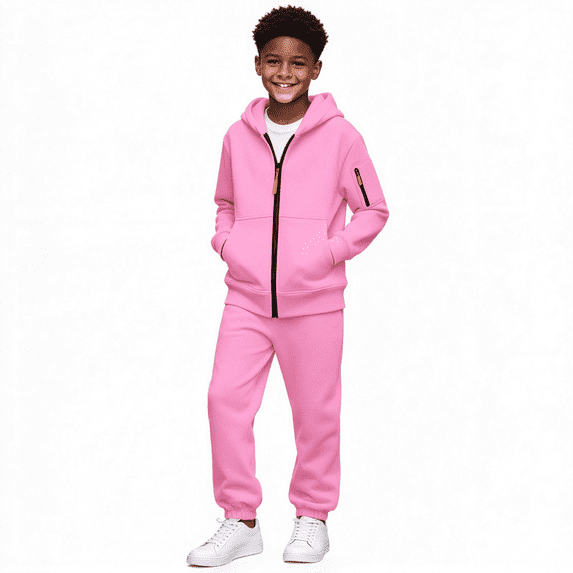 Amidoa Boys 2 Piece Tracksuit Athletic Sweatsuits Sets Fleece Zip-Up Hooded Sweatshirt and Jogger Sweatpants Kids Clothing Sets Pink Size 4T