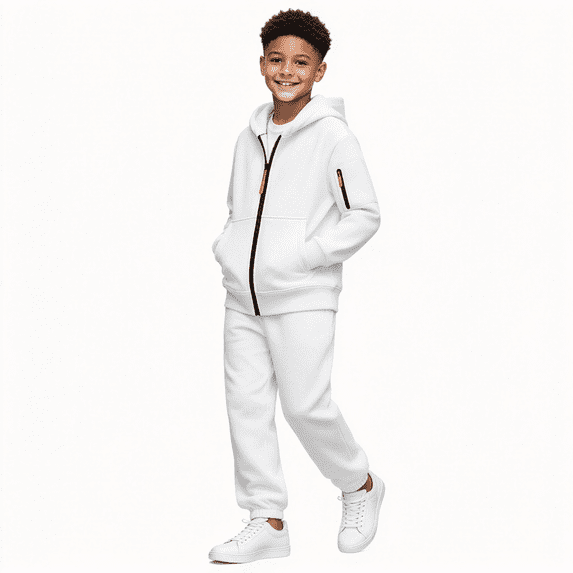 Amidoa Boys 2 Piece Tracksuit Athletic Sweatsuits Sets Fleece Zip-Up Hooded Sweatshirt and Jogger Sweatpants Kids Clothing Sets White Size 12 Years