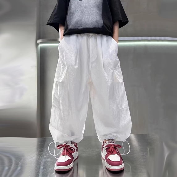 Amidoa Boys Cargo Pants Baggy Lightweight Straight Leg Pants Elastic Waist Kids Casual Pants White 13 Years
