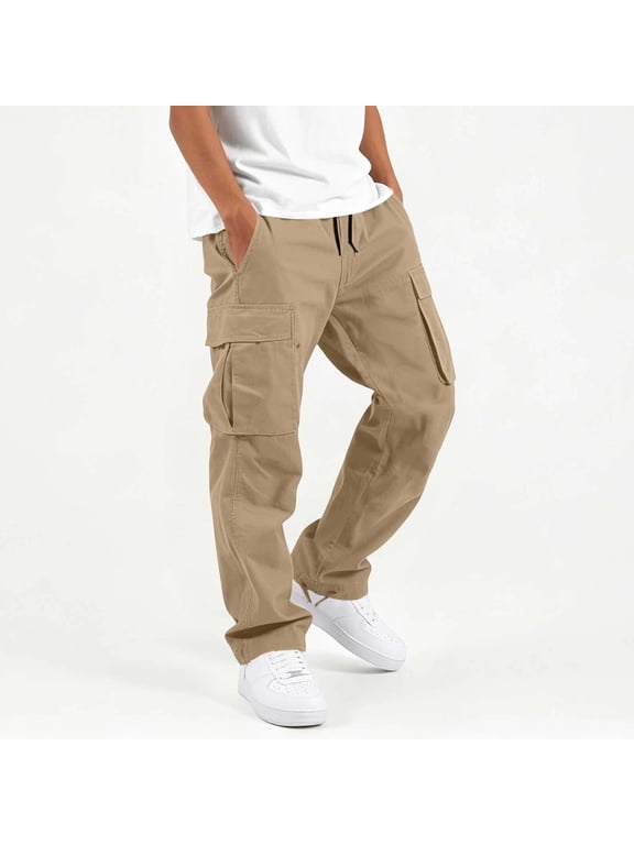 Boys Cargo Pants with Pockets Stretch Cotton Elastic Waist Pants Casual School Uniform Pants with Pockets Khaki Size 9-10 Years