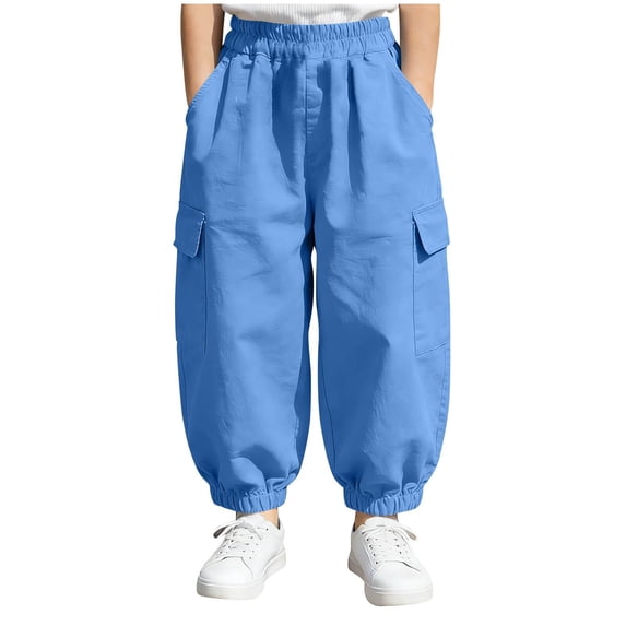 Amidoa Boys Cotton Linen Cargo Pants- Elastic waist Relaxed Fit Casual Lightweight Summer Joggers Light Blue Size 6