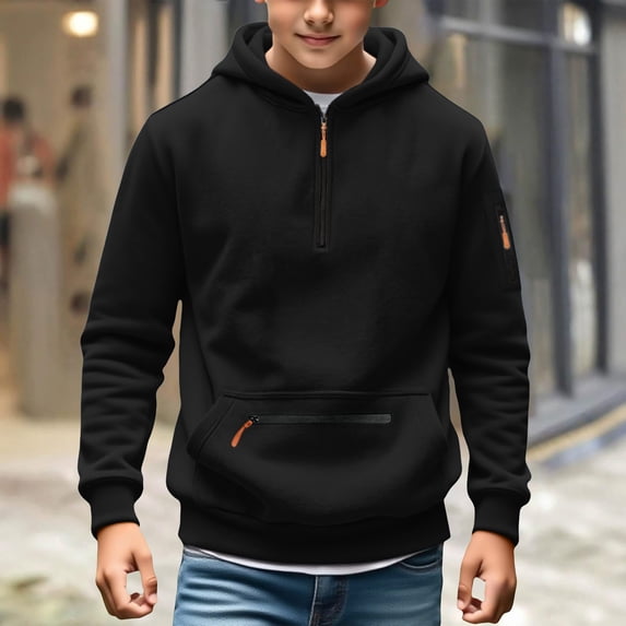 Amidoa Boys Pullover Fleece Hoodie Casual Long Sleeve Tops Hooded Sweatshirt Kids Casual Fall Winter Clothes with Pocket Black Size 8T