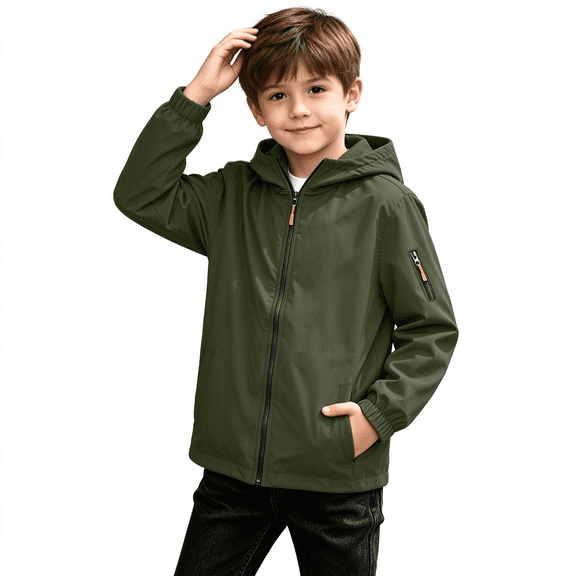 Amidoa Boys Rain Jacket Waterproof Hooded Jacket Windbreakers Lightweight Outdoor Raincoat for Kids Army Green Size 6-7 Years