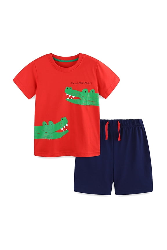 Boys Summer 2 Piece Outfits Cotton Printed Cute Short Sleeve and Casual Short Kids Clothing Set Red Size 6