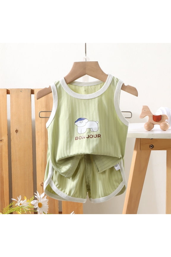 Boys Summer 2 Piece Outfits Cute Printed Tank Top and Elastic Waist Casual Short Kids Clothing Set Green Size 5T