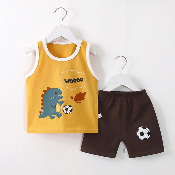 Amidoa Boys Summer 2 Piece Outfits Printed Cotton Cute Tank Top and Casual Short Kids Clothing Set Yellow Size 110cm