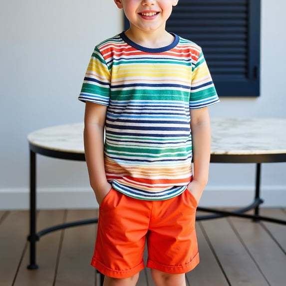 Amidoa Boys Summer 2 Piece Outfits Stripe Short Sleeve and Casual Short Kids Clothing Set Orange Size 7
