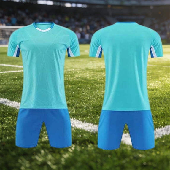 Amidoa Boys Summer Athletic 2 Piece Outfits Performance CrewNeck Short Sleeve and Elastic Waist Active Casual Short Kids Clothing Set Light Blue Size XS