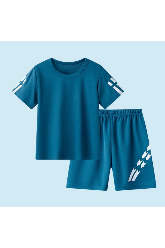 Boys Summer Athletic 2 Piece Outfits Performance CrewNeck Short Sleeve and Active Casual Short Kids Clothing Set Blue Size 7
