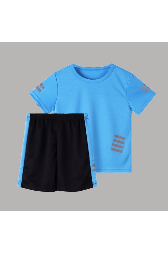 Boys Summer Athletic 2 Piece Outfits Performance CrewNeck Short Sleeve and Casual Active Short Kids Clothing Set Blue Size 10