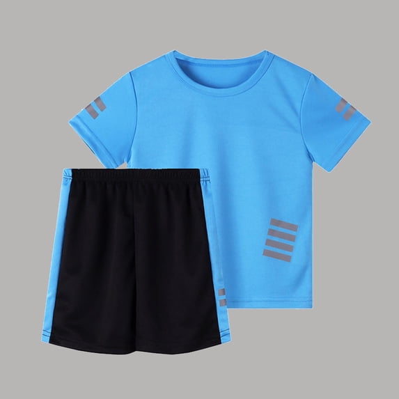 Amidoa Boys Summer Athletic 2 Piece Outfits Performance CrewNeck Short Sleeve and Casual Active Short Kids Clothing Set Blue Size 6