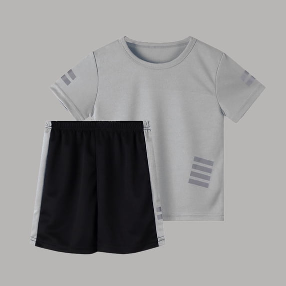 Amidoa Boys Summer Athletic 2 Piece Outfits Performance CrewNeck Short Sleeve and Casual Active Short Kids Clothing Set Gray Size 8